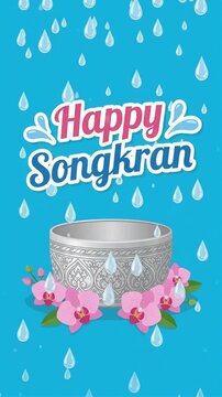 Happy Songkran greeting with silver bowl orchids and water drops motion graphic, ai generated
