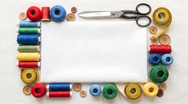 Creative sewing frame made of colorful threads and buttons with empty paper.