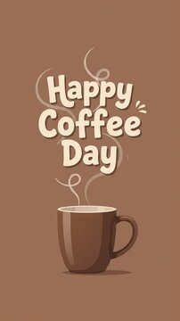 Happy Coffee Day greeting with steaming brown coffee mug motion graphic, ai generated