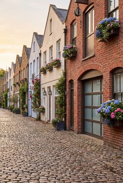 Cobbled Mews Lane With Carriage Houses and Flower Window Boxes