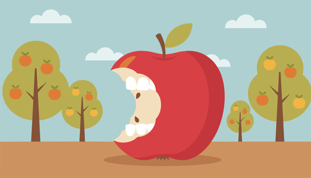 Giant red apple with a large bite showing human teeth sits in an orchard with small fruit trees under clouds.