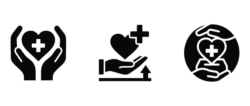 medical care icons showing hands holding heart symbols with plus signs representing health support and assistance