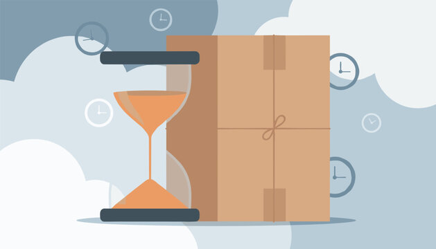 Large hourglass with orange sand standing beside a tied cardboard parcel against a cloudy sky background with clocks.