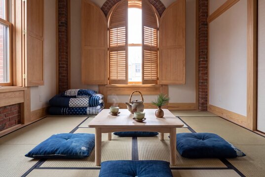 Low Ash Tea Table With Teapot and Zabuton Cushions on Tatami