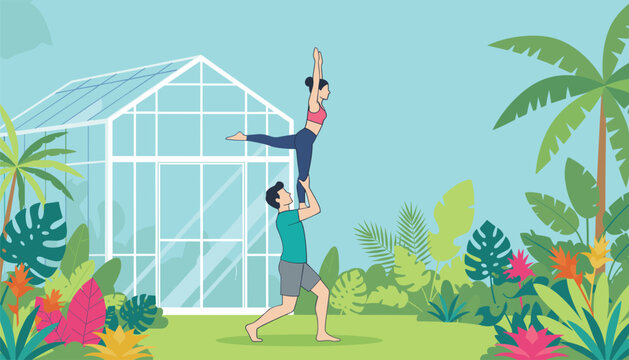 Couple performs acro yoga balancing pose in a lush tropical garden with exotic plants and a modern glass greenhouse.