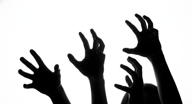 Silhouettes of multiple hands reaching upwards against a stark white background conveying hope assistance or a plea