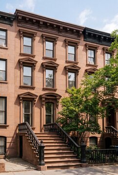 Italianate Brownstone Walk Up With High Stoop and Carved Window Hoods