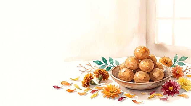 Traditional Indian Laddoo Sweets, Diwali Festival Dessert, Watercolor Food