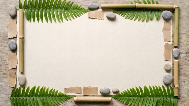 Zen style spa frame made of bamboo palm leaves and stones.