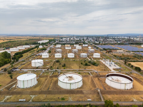 Aerial view of MOL Danube oil refinery tanks and pipelines in Hungary site