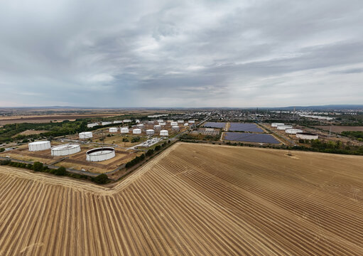 Aerial view of MOL Danube refinery and tanks in Szazhalombatta, Hungary