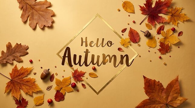 Hello Autumn Typography Within Golden Frame Surrounded By Fall Leaves On Beige Background