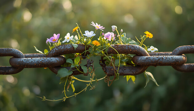 Wildflowers growing through a heavy rusty iron chain in a nature landscape with iron links metal chain wildflowers resilience strength conceptual blooming nature scene persistence environment