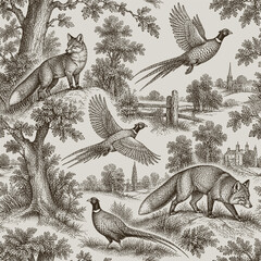 Fototapeta premium Seamless vector pattern with foxes and pheasants. Vintage traditional European hunting motifs style illustration.