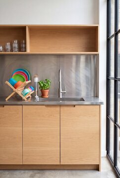 Brushed Stainless Steel Counter With Integral Sink and White Oak Cabinets