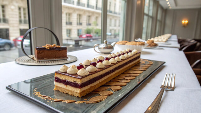 Photorealistic dacquoise cake with blackcurrant confit hazelnut praline meringue layers and chocolate glaze on smoked glass