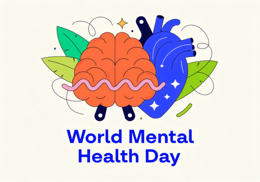 Mental health concept illustration featuring brain and heart symbols for World Mental Health Day