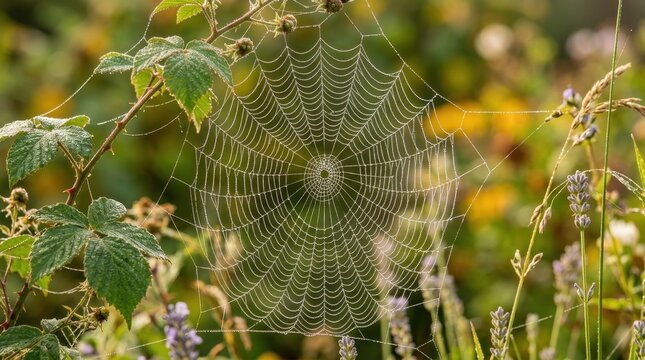 Delicate spider web covered in shimmering morning dew droplets among garden foliage