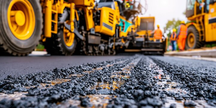 Fresh asphalt being laid by heavy machinery, workers in safety gear, close-up of textured black.