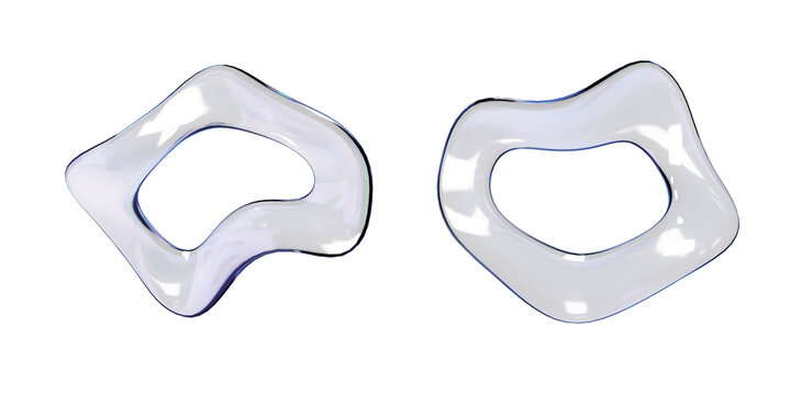 Set of two organic deformed dark blue glass rings with liquid wavy edges on transparent background. 3D geometric objects for contemporary poster design, tech branding, UI design, creative layouts.
