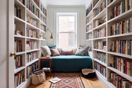 Tiny Book Lined Second Bedroom Used as Reading Room and Guest Nook