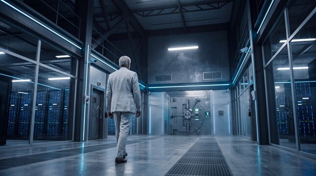 Executive Walking in High Security Data Center Vault Corridor