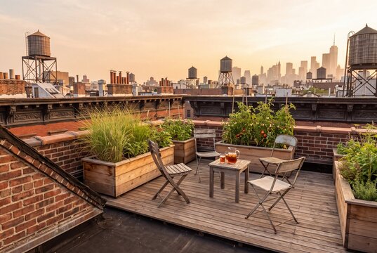 Tenement Rooftop With Wooden Water Towers and City Skyline View