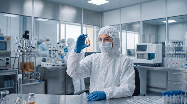 Scientist in Protective Suit Inspecting Pharmaceutical Vaccine Vial