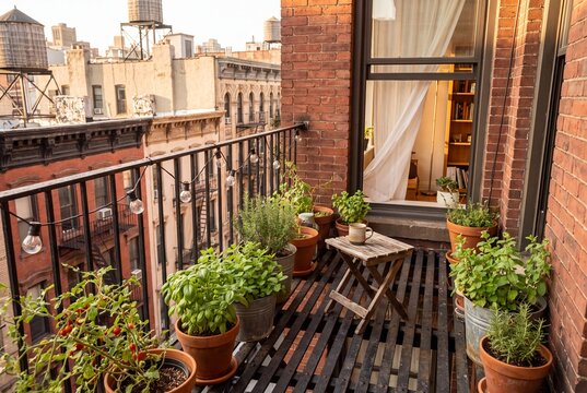 Fire Escape Garden With Potted Herbs Outside Fifth Floor Apartment Window