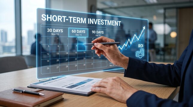 Businesswoman pointing at a holographic display for short term investment growth with upward graph on desk