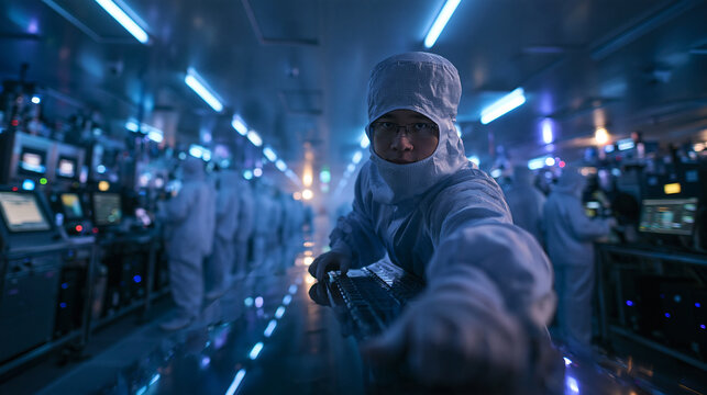 Cleanroom Engineer Working on Microchip Semiconductor Production Line