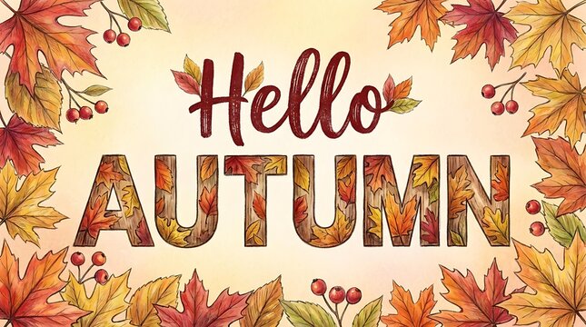 Hello Autumn Hand Drawn Lettering And Leaf Border
