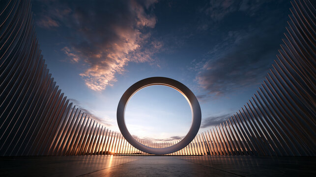 Futuristic Circular Architecture Sculpture Under Dramatic Sunset Sky