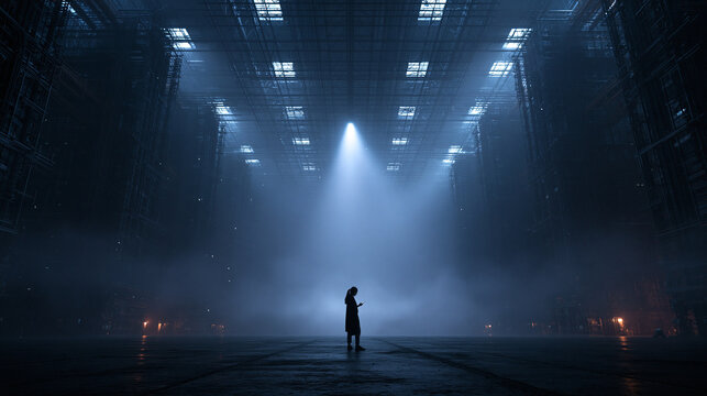 Silhouette Standing in Vast Industrial Warehouse With Dramatic Spotlight