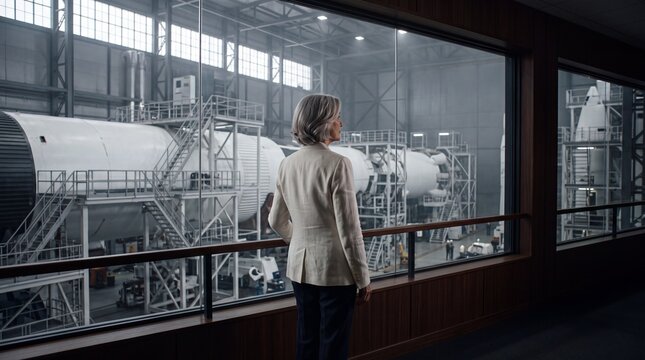 Female Executive Looking at Rocket in Aerospace Facility