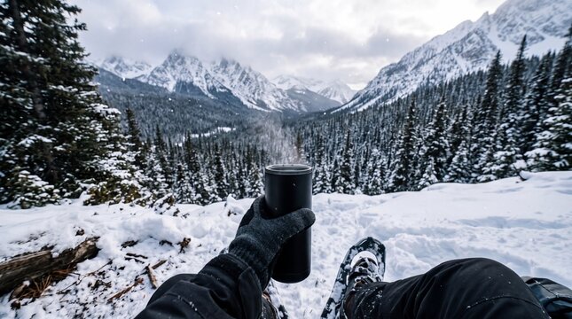 Hiker Holding Steaming Mug While Snowshoeing in Winter Mountains