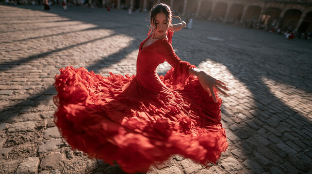 Flamenco Dancer in Red Dress Performing Outdoors in Plaza