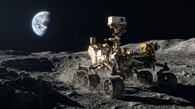 Autonomous robotic mining rover on lunar surface with Earth in sky, space exploration concept