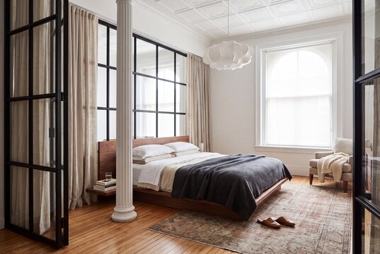 Loft Primary Bedroom Behind Steel Framed Glass Wall With Linen Curtains