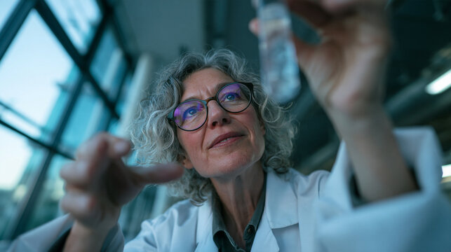 Mature Female Scientist Examining Liquid Sample in Laboratory