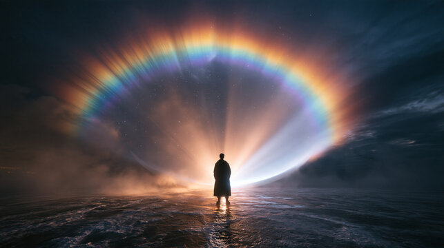 Silhouette Standing Before Glowing Rainbow Portal in Dramatic Landscape