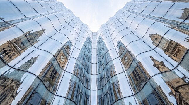 Historic Clock Tower Reflected in Modern Curved Glass Facade