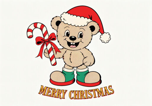 Teddy bear in Christmas outfit holding candy cane with Merry Christmas text below