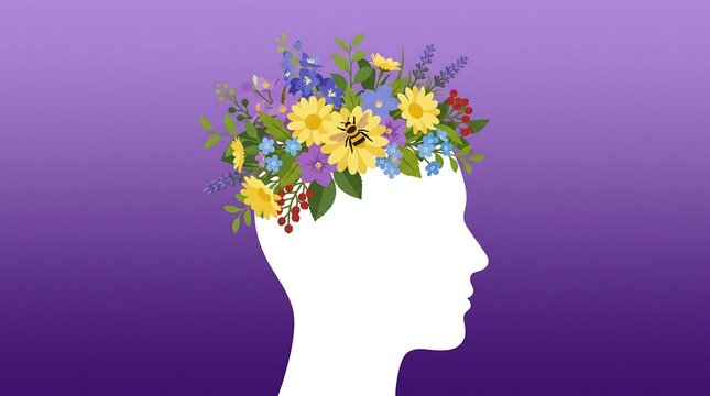 Mental health concept silhouette of human head with colorful flowers and bee.