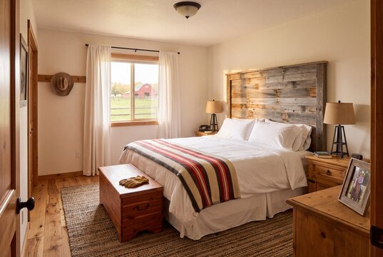 Rustic Primary Bedroom With Reclaimed Wood Headboard and Wool Blanket