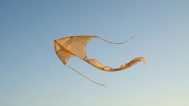 Kite flying desert dunes ribbon wind sky freedom recreation sand: A tan fabric kite with long trailing tails glides over sand in clear daylight for outdoor leisure campaigns travel inspiration