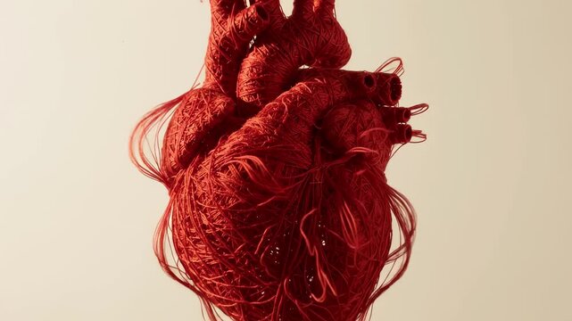 Red anatomical heart threads textile sculpture cardiology medical concept organ: Crimson fibers tighten across a suspended human heart in close detail for cardiovascular awareness emotional tension