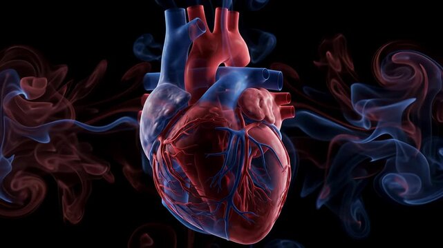 Anatomical heart smoke red blue medical cardiology black background organ: A realistic cardiac model pulses as colored vapor curls around it for cardiovascular education circulation explainers