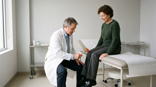 Neurologist testing knee reflex of a mature female patient in a medical clinic with copy space