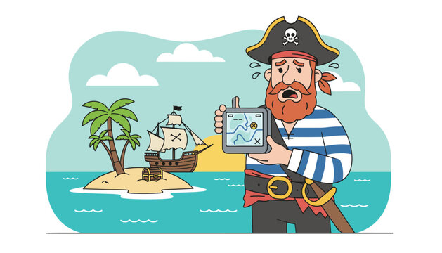 Sweating pirate captain looking worried and confused while holding a modern digital tablet map on a beach.
